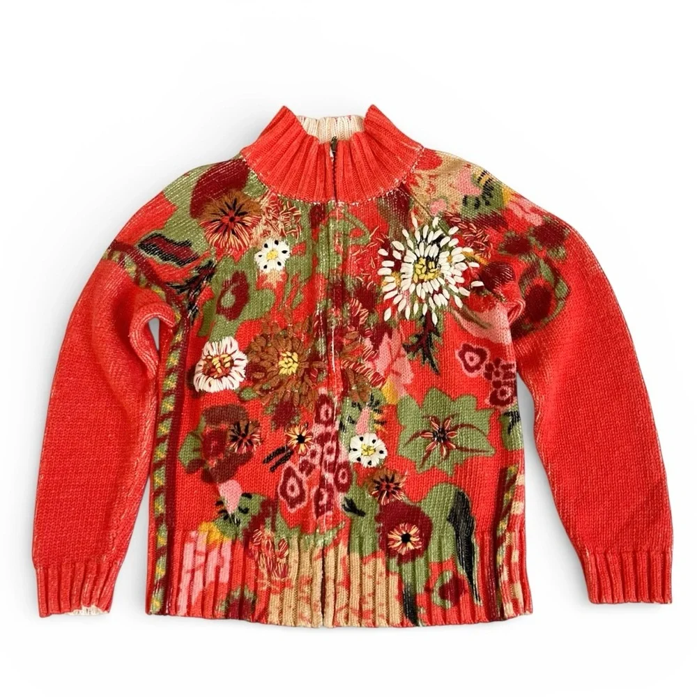 Coldwater Creek Full Zip Vibrant Orange Floral Knit Women’s Sweater - M - Picture 2 of 10